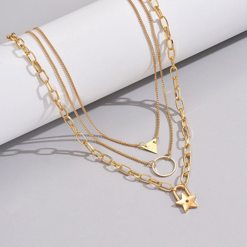 Layered Geometric Star and Circle Pendant Necklace in Gold Plated Zinc Alloy