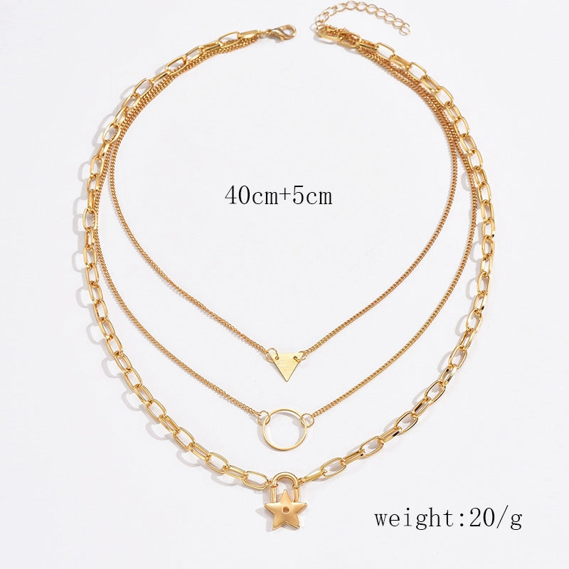 Layered Geometric Star and Circle Pendant Necklace in Gold Plated Zinc Alloy