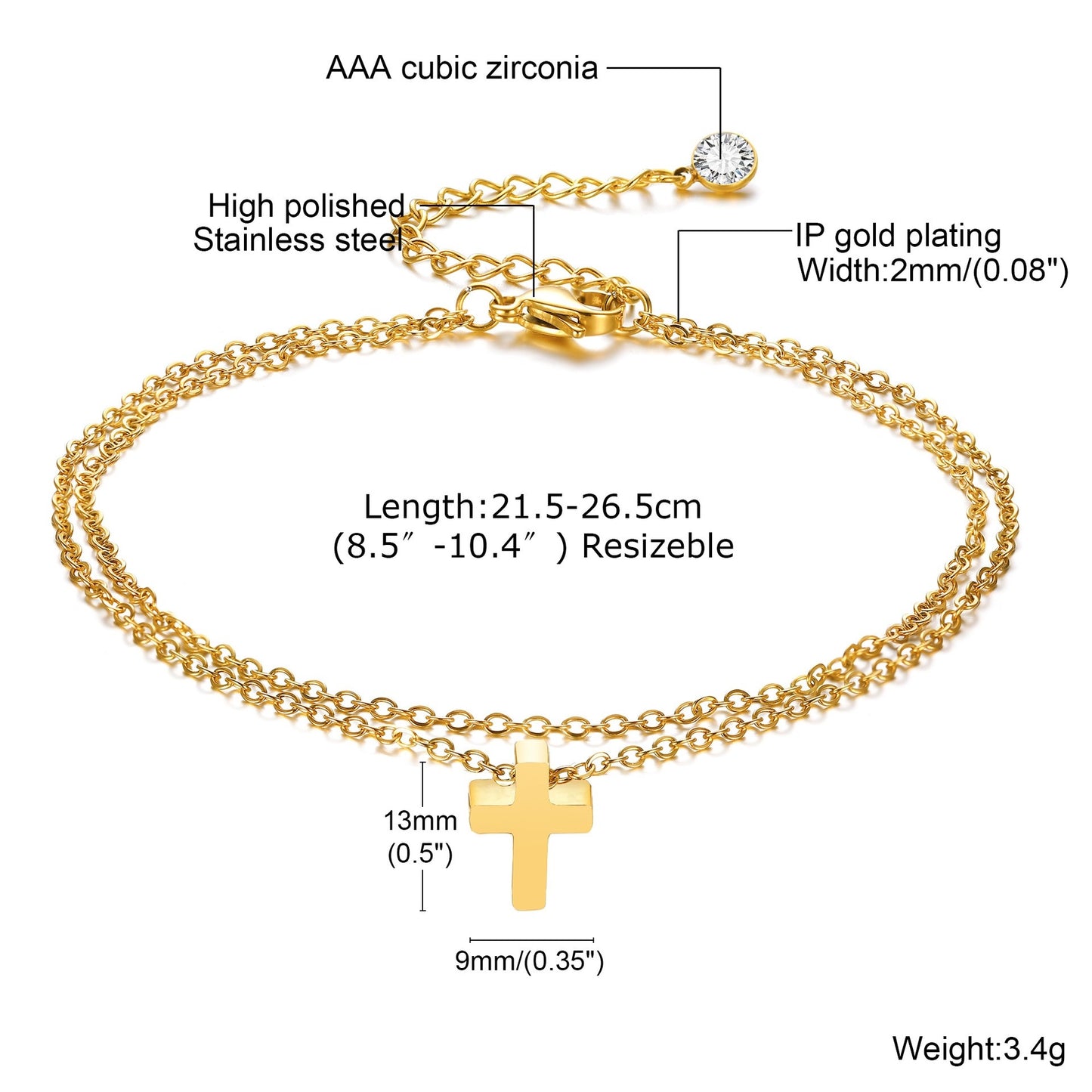 Stainless Steel Zircon Cross Double Layer Anklet - Gold Plated Fashion Jewelry