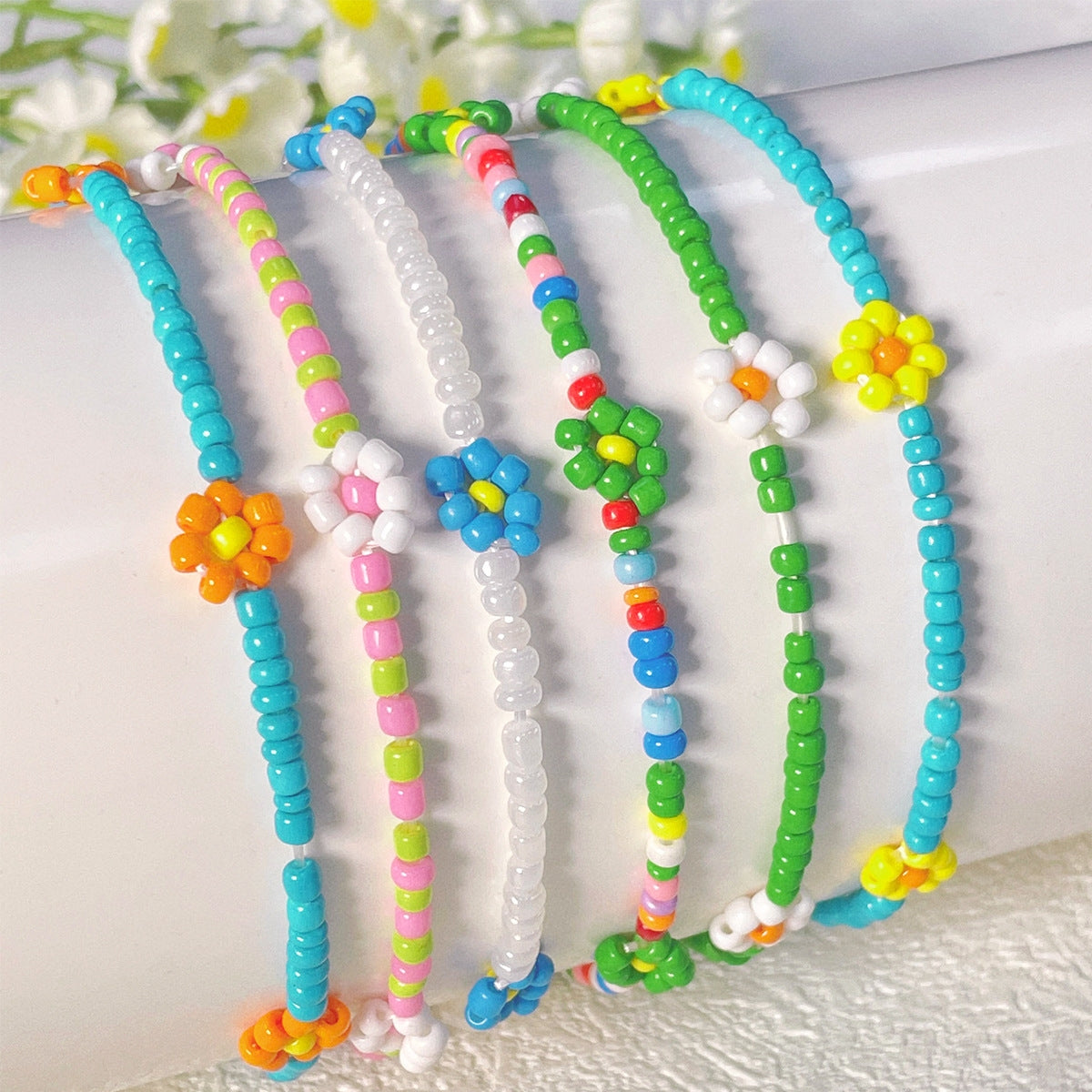 Bohemian Daisy Flower Seed Bead Anklet Bracelet