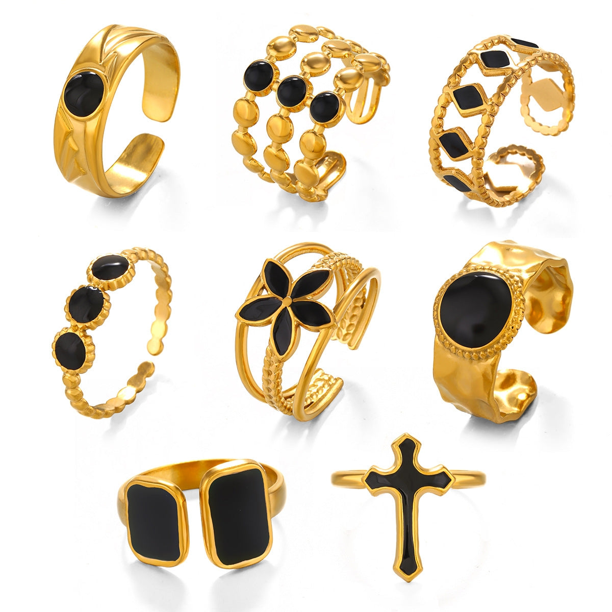 Geometric Cross Floral Black Enamel 18K Gold Plated Open Stainless Steel Ring