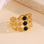 Geometric Cross Floral Black Enamel 18K Gold Plated Open Stainless Steel Ring