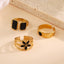 Geometric Cross Floral Black Enamel 18K Gold Plated Open Stainless Steel Ring