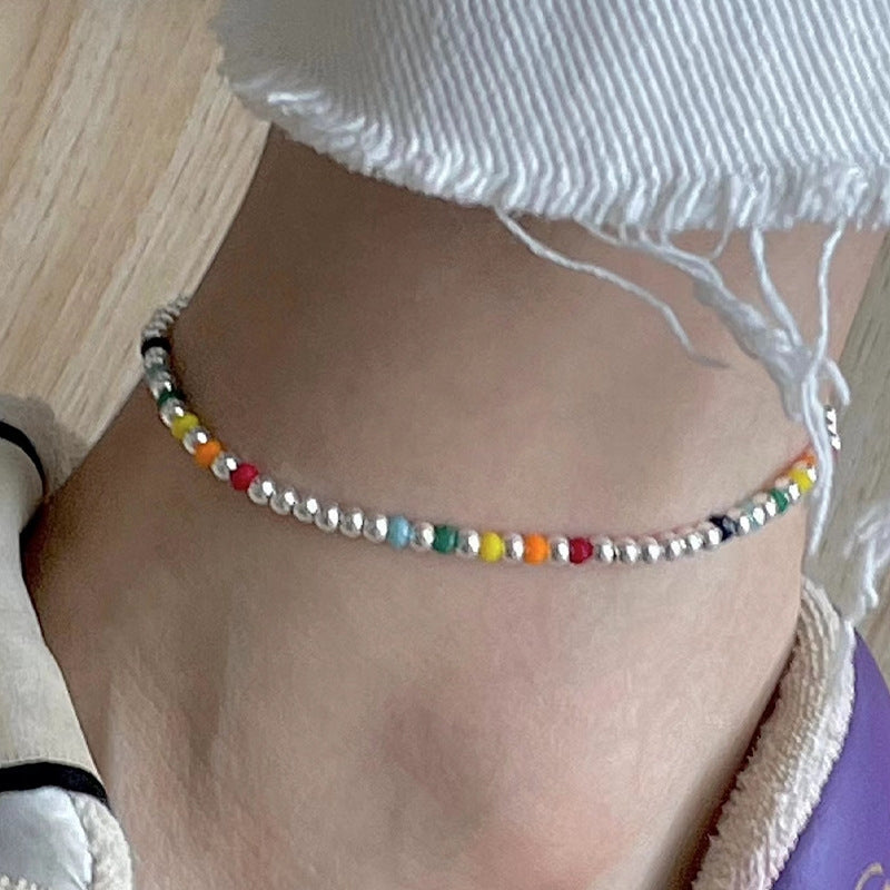 Silver Plated Geometric Beaded Rainbow Anklet for Women