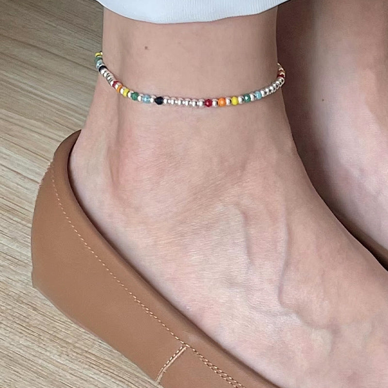 Silver Plated Geometric Beaded Rainbow Anklet for Women