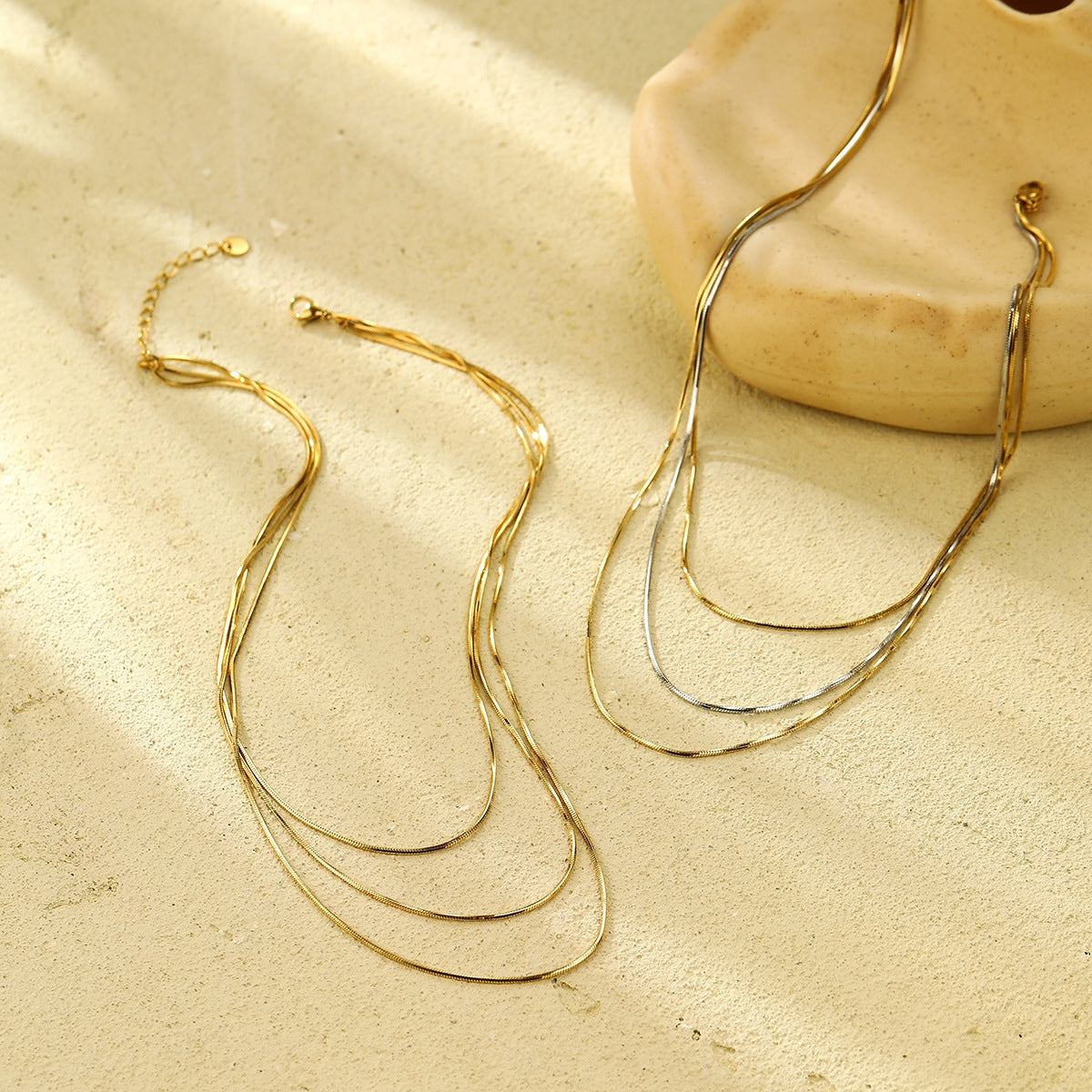 Layered Geometric 18k Gold Stainless Steel Snake Chain Necklace