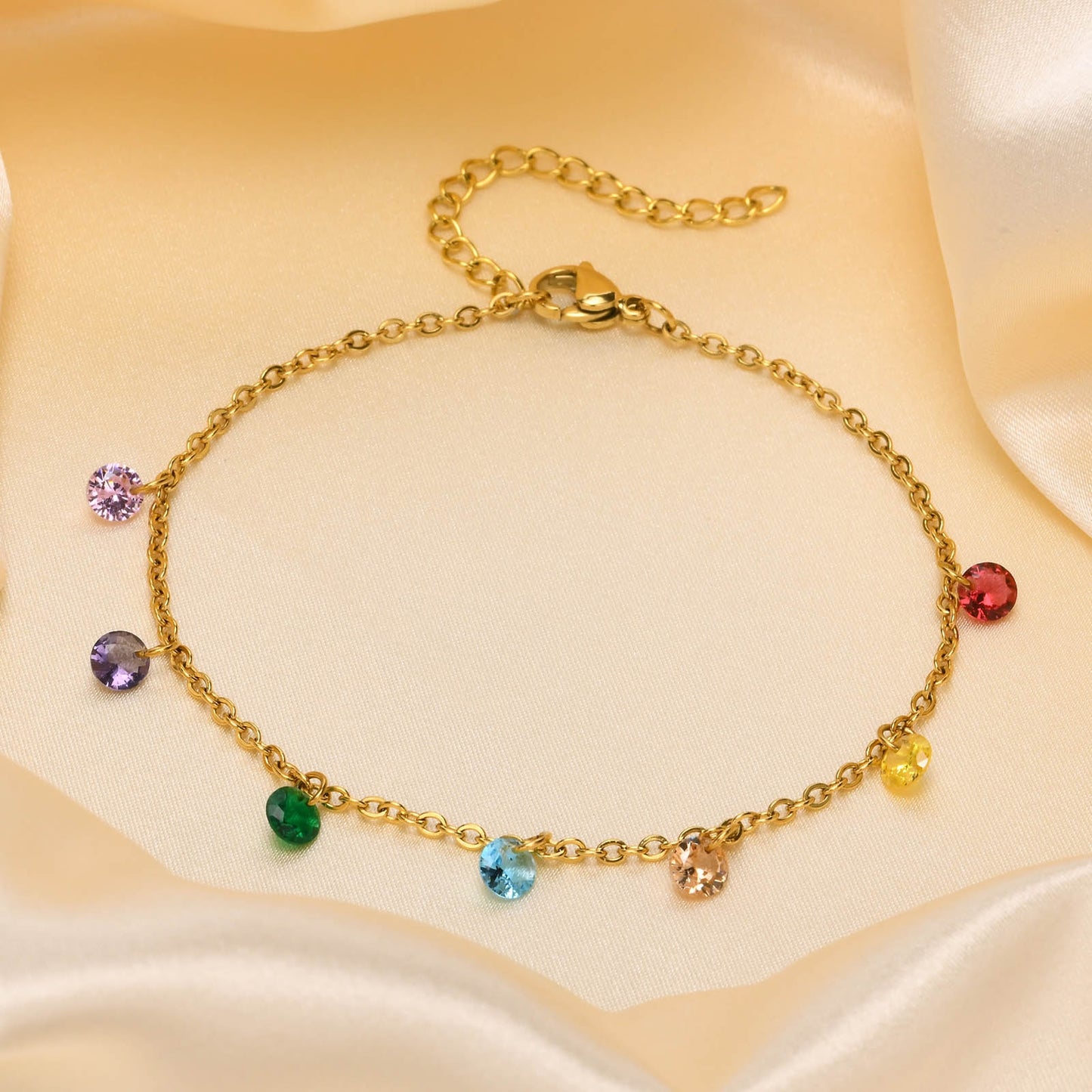 Geometric Stainless Steel Zircon Gold Plated Rainbow Anklet Necklace