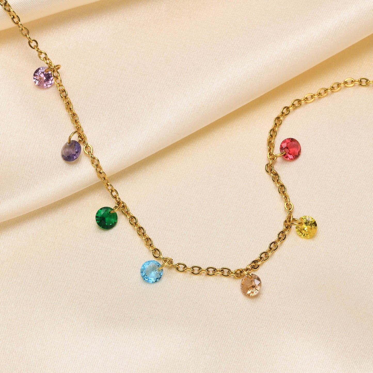 Geometric Stainless Steel Zircon Gold Plated Rainbow Anklet Necklace