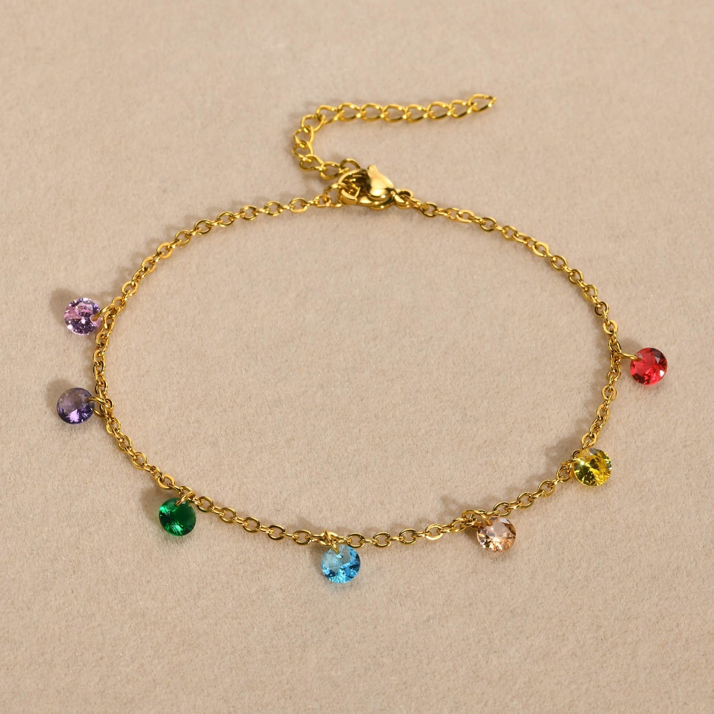 Geometric Stainless Steel Zircon Gold Plated Rainbow Anklet Necklace