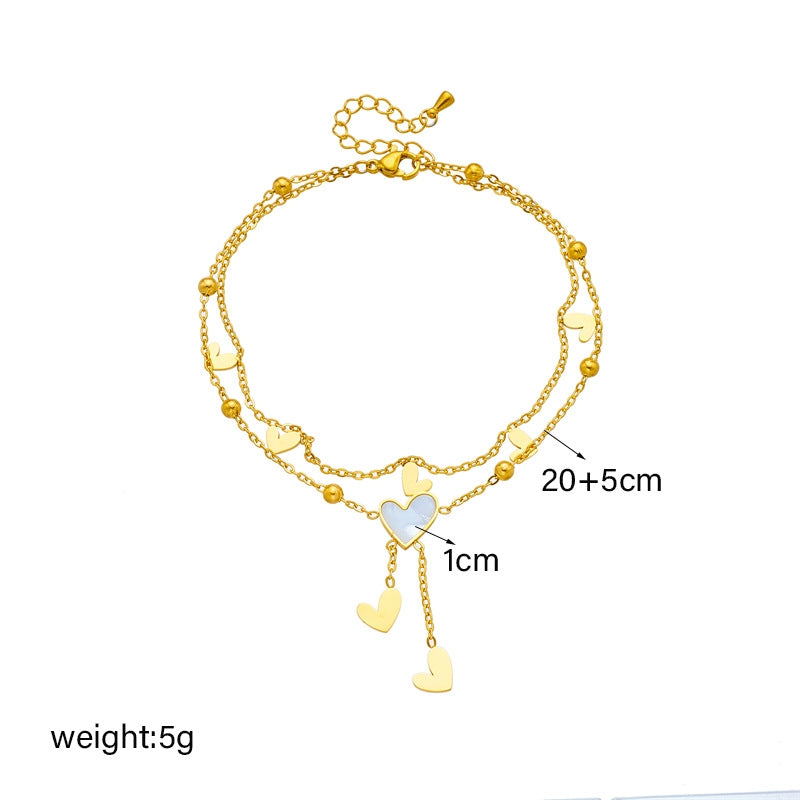 Simple Heart Shape Titanium Steel Layered Anklet with Tassel Pendant