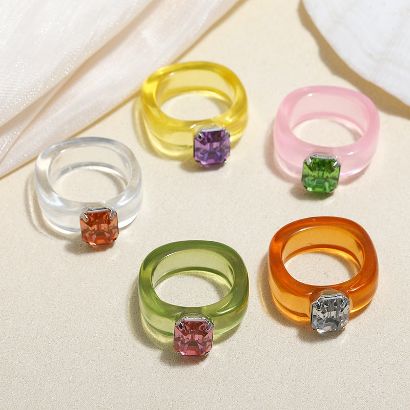 Acrylic Rhinestone Candy Color Resin Rings - Minimalist Design