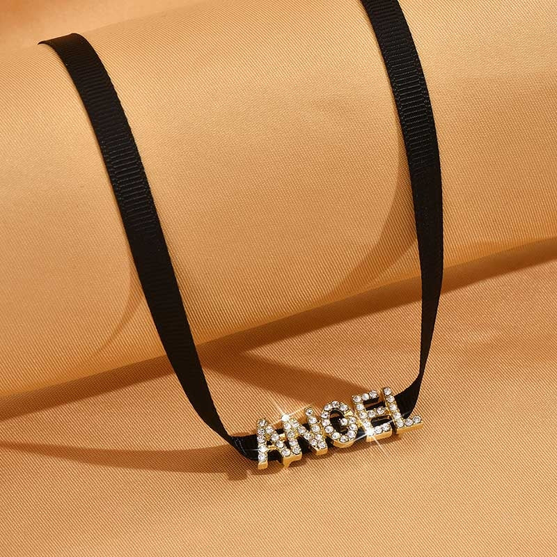 Simple Geometric Letter Angel Rhinestone Choker Necklace