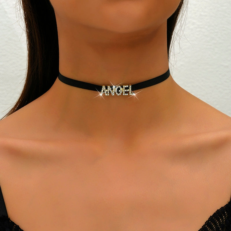 Simple Geometric Letter Angel Rhinestone Choker Necklace