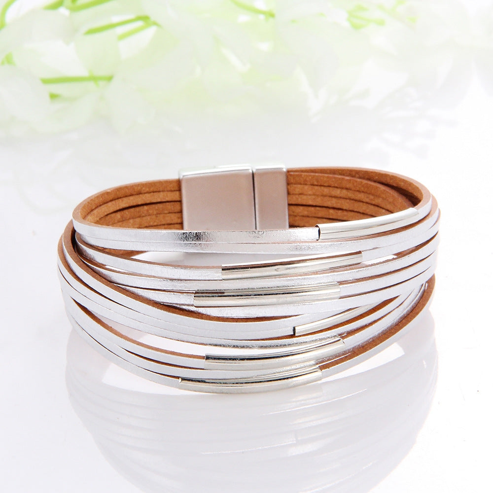 Geometric PU Leather Bangle with Copper Pipe and Magnetic Clasp