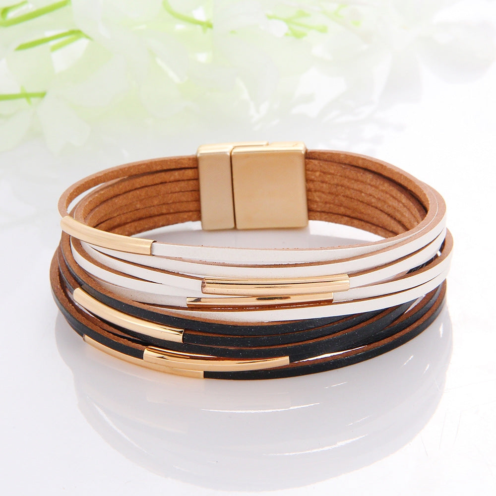 Geometric PU Leather Bangle with Copper Pipe and Magnetic Clasp