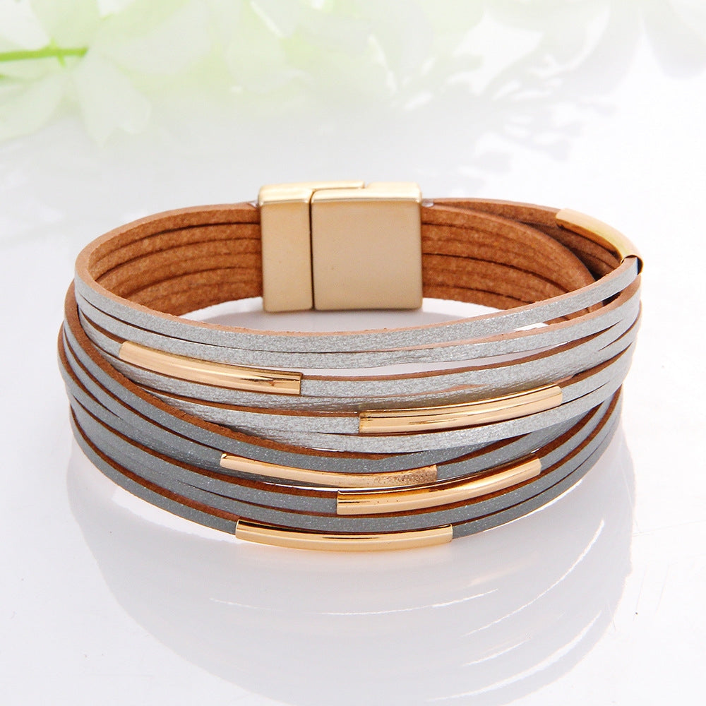 Geometric PU Leather Bangle with Copper Pipe and Magnetic Clasp