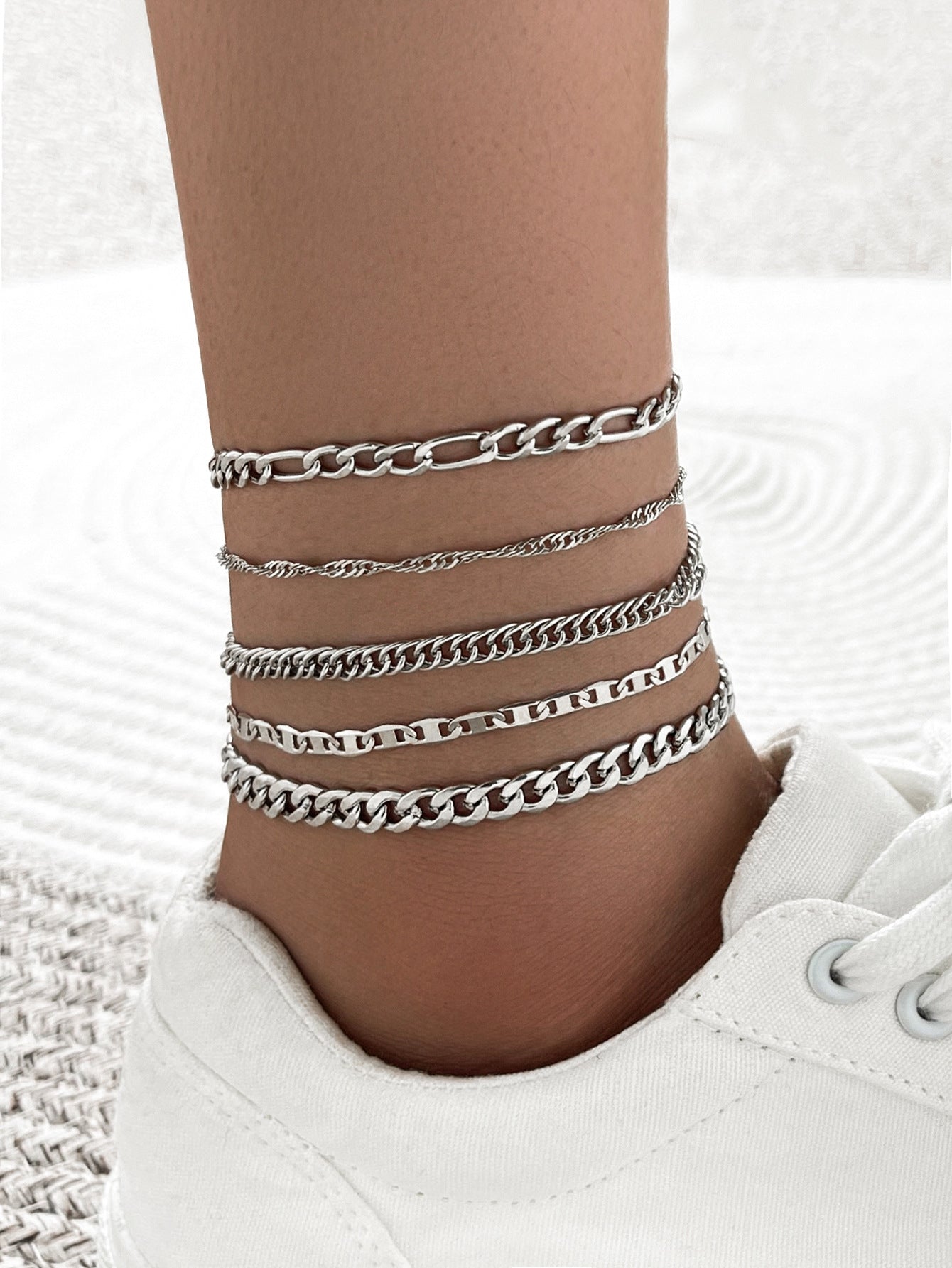 Simple Thick Snake Chain Anklet Set - 5 Pieces Vintage Metal Chain Design