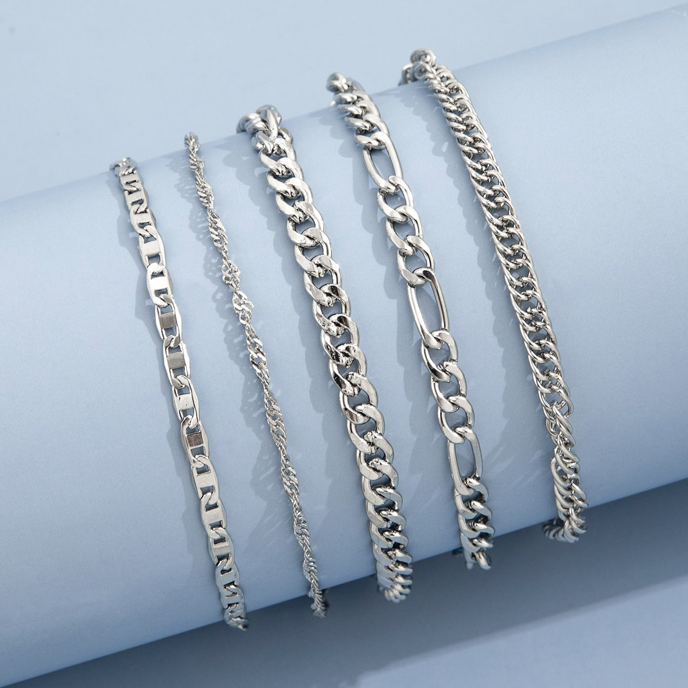 Simple Thick Snake Chain Anklet Set - 5 Pieces Vintage Metal Chain Design