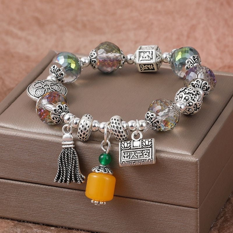 Colorful Crystal Beaded Elephant Charm Bracelet with Tassel and Vintage Silver Pendant