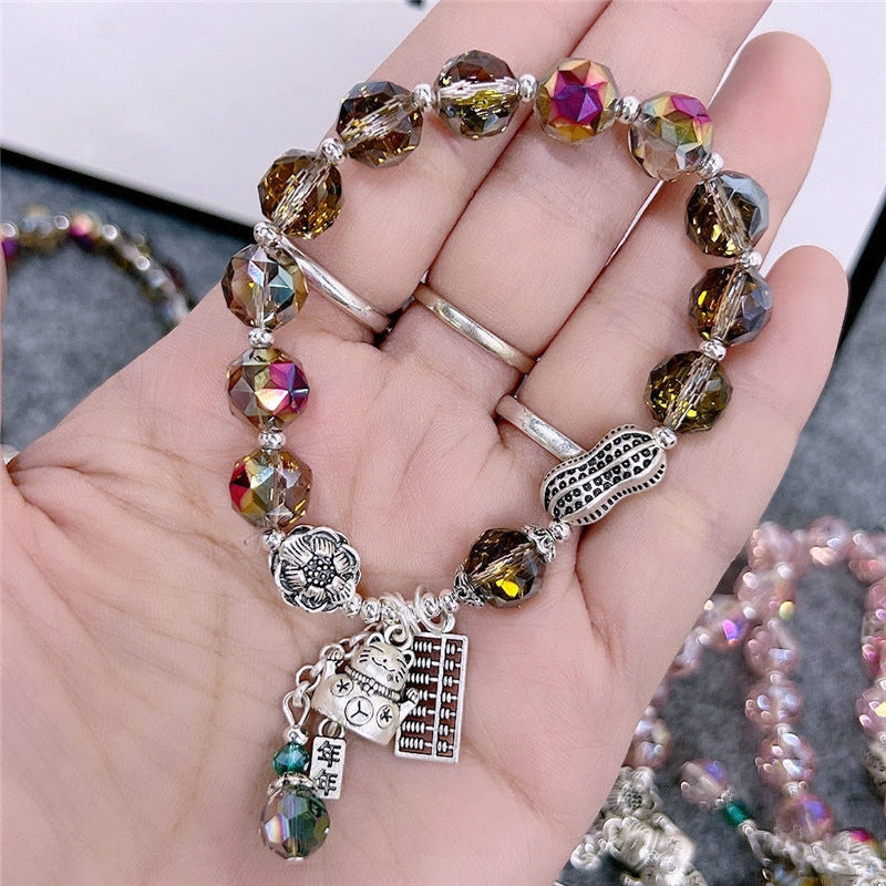 Colorful Crystal Beaded Elephant Charm Bracelet with Tassel and Vintage Silver Pendant