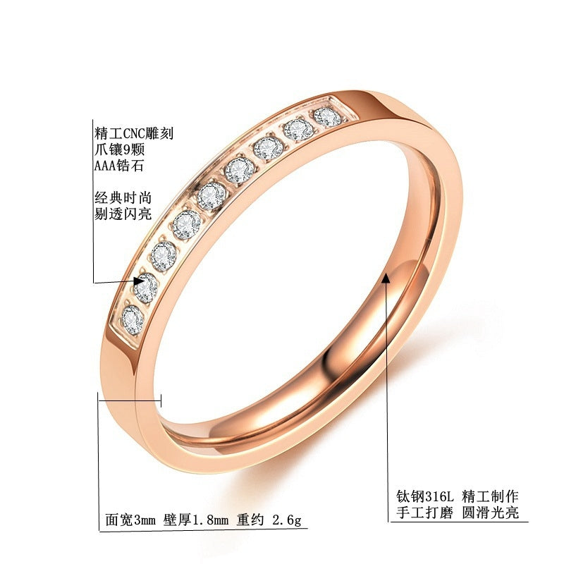 U Shape Stainless Steel Zircon Ring 3mm Rose Gold Women's Band