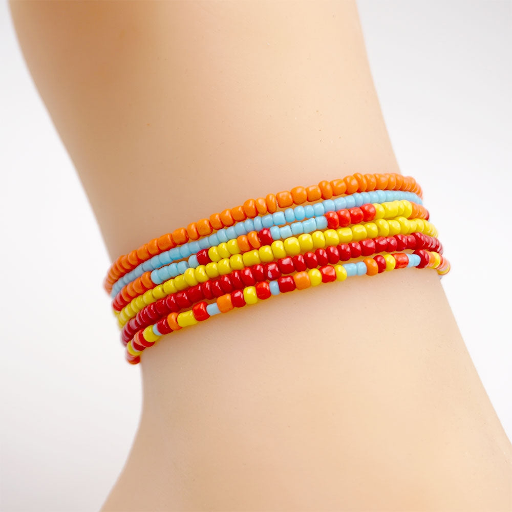 Wholesale Bohemian Beach Beaded Anklet Set - Colorful Elastic String Anklets (6 Pieces)