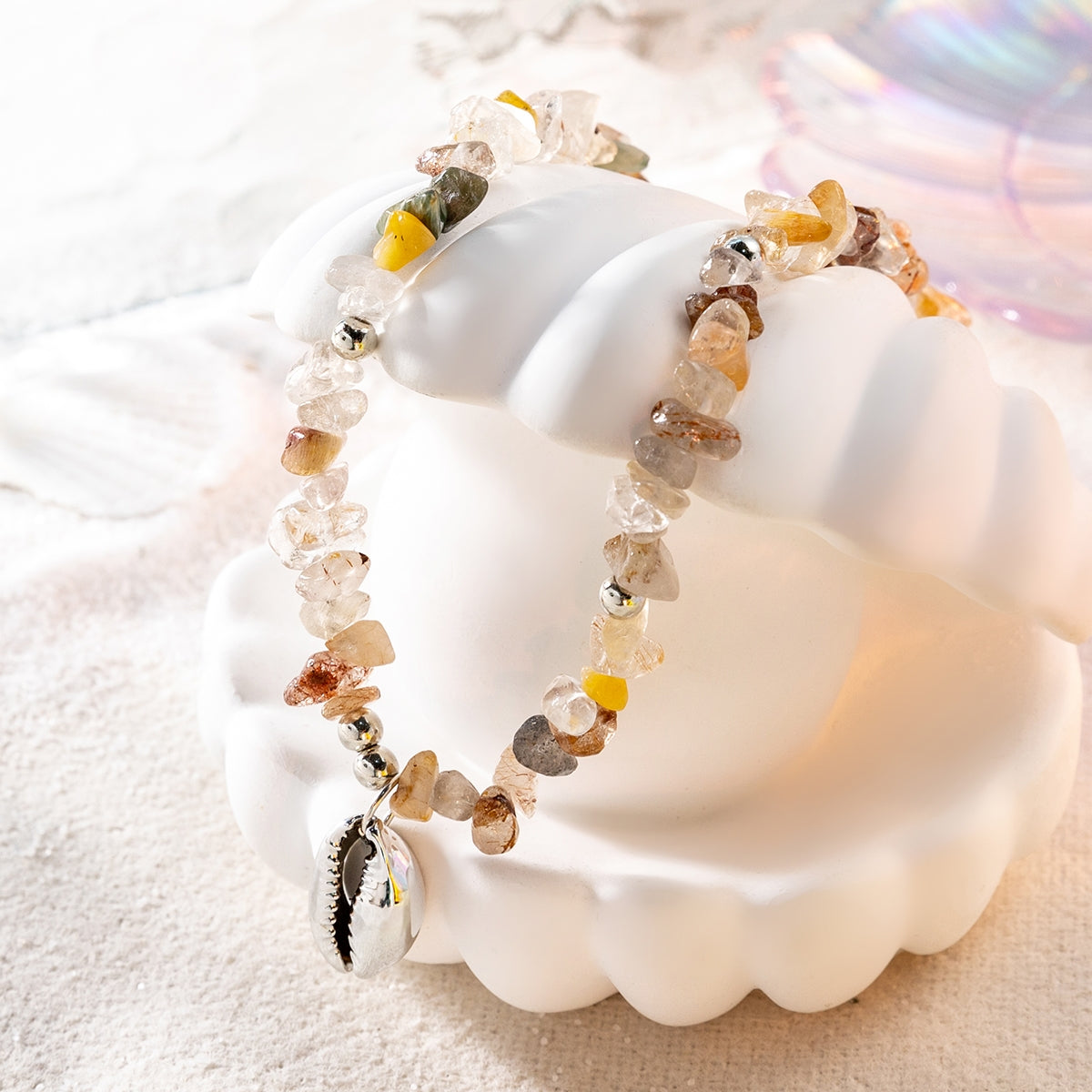 Colorful Shell and Gravel Beaded Necklace and Bracelet Set - Unique Beach-Inspired Jewelry