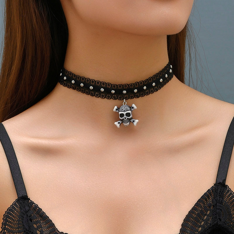 Gothic Skull Pendant Color Block Resin Choker Necklace