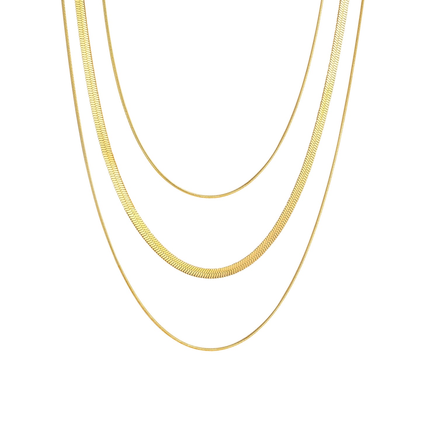 18K Gold Plated Stainless Steel Geometric Layered Snake Chain Necklace