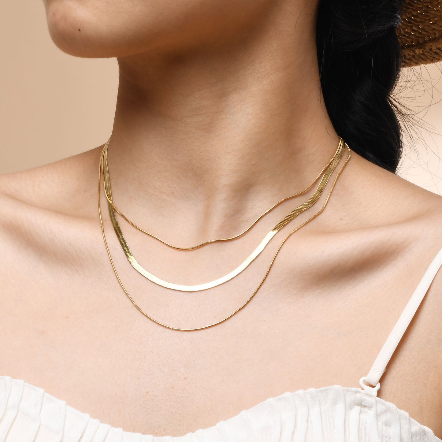 18K Gold Plated Stainless Steel Geometric Layered Snake Chain Necklace