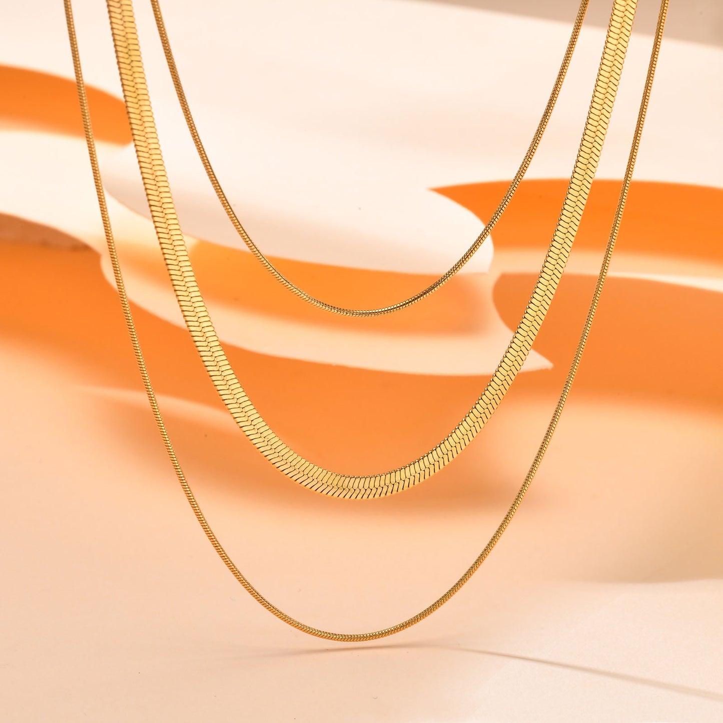 18K Gold Plated Stainless Steel Geometric Layered Snake Chain Necklace