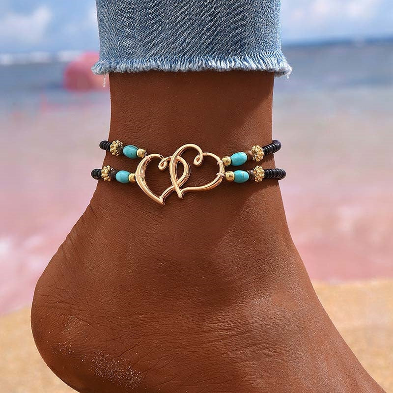 Layered Heart & Turquoise Beaded Anklet and Necklace Set