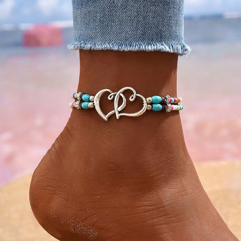 Layered Heart & Turquoise Beaded Anklet and Necklace Set