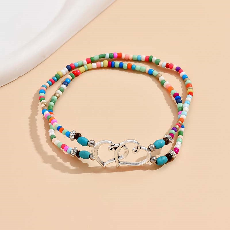 Layered Heart & Turquoise Beaded Anklet and Necklace Set