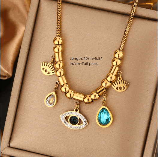 Vintage Style Devil's Eye Star Moon 18K Gold Plated Stainless Steel Layered Necklace with Turquoise and Rhinestones