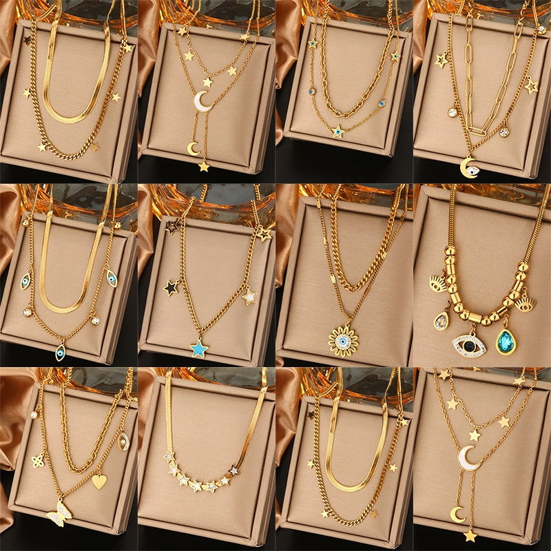 Vintage Style Devil's Eye Star Moon 18K Gold Plated Stainless Steel Layered Necklace with Turquoise and Rhinestones