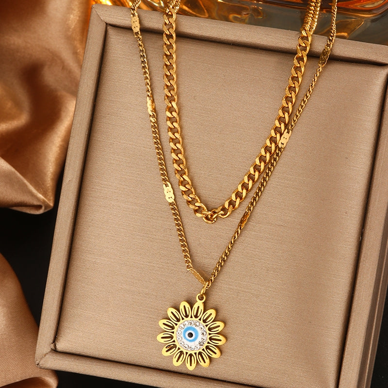 Vintage Style Devil's Eye Star Moon 18K Gold Plated Stainless Steel Layered Necklace with Turquoise and Rhinestones