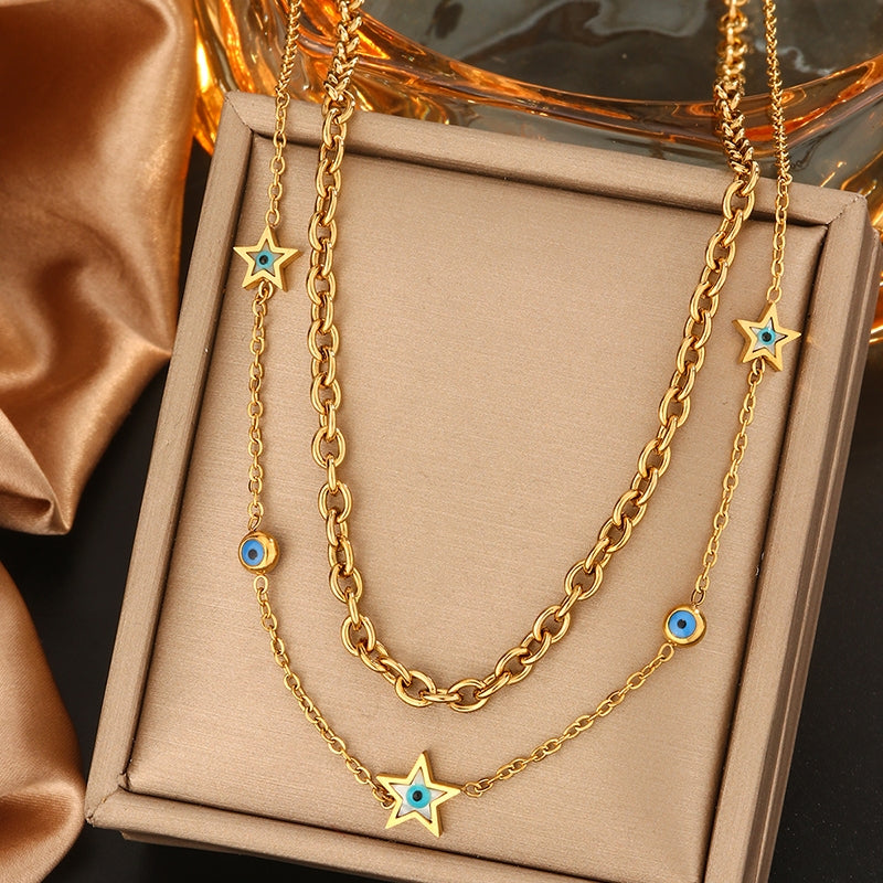 Vintage Style Devil's Eye Star Moon 18K Gold Plated Stainless Steel Layered Necklace with Turquoise and Rhinestones