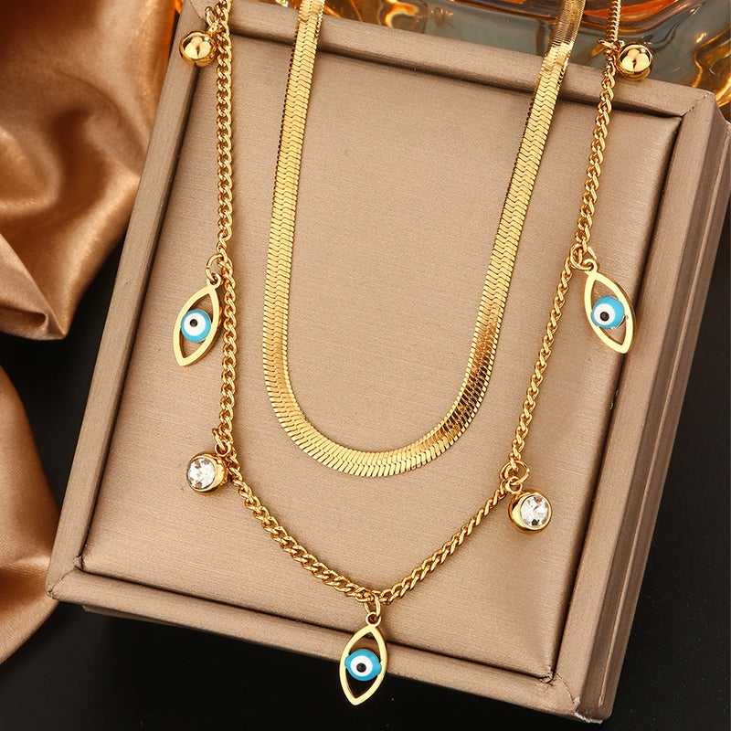 Vintage Style Devil's Eye Star Moon 18K Gold Plated Stainless Steel Layered Necklace with Turquoise and Rhinestones