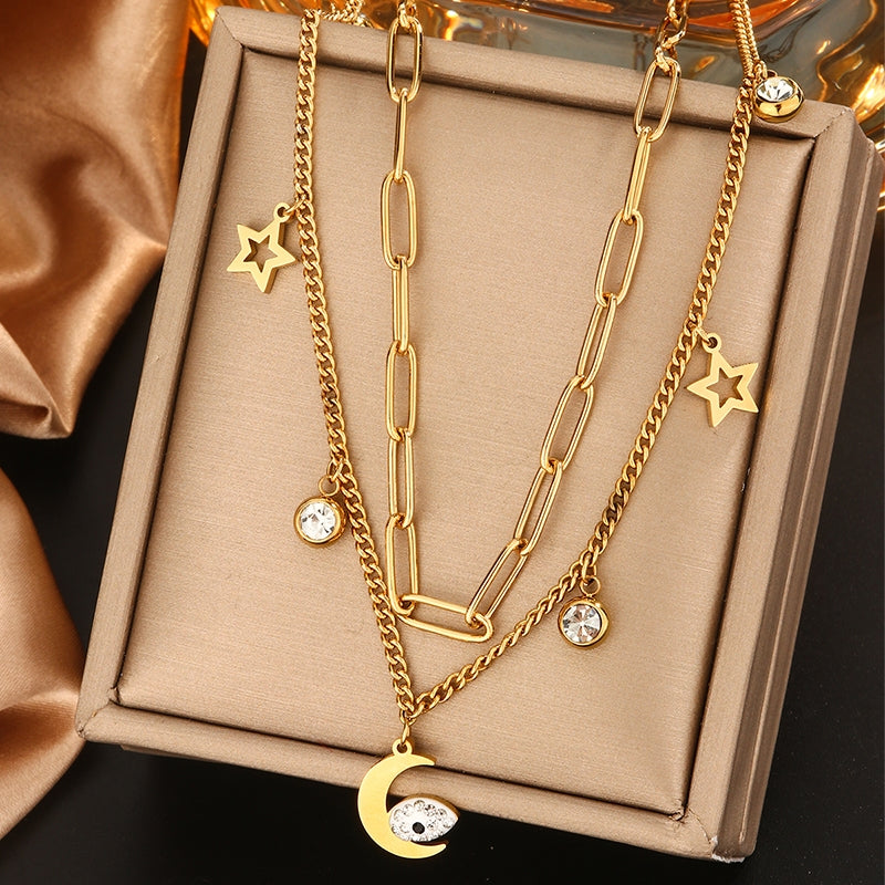 Vintage Style Devil's Eye Star Moon 18K Gold Plated Stainless Steel Layered Necklace with Turquoise and Rhinestones
