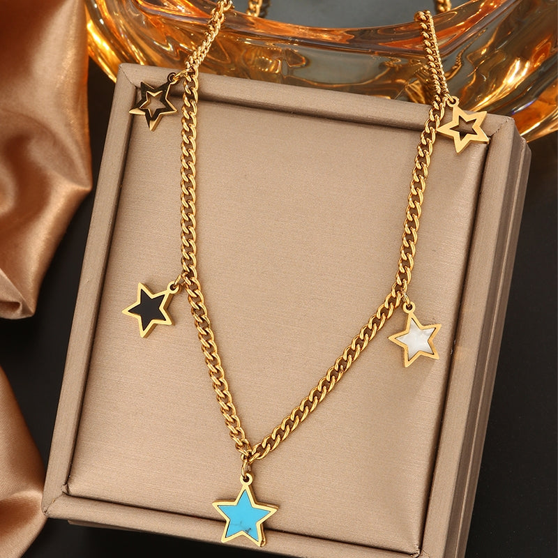 Vintage Style Devil's Eye Star Moon 18K Gold Plated Stainless Steel Layered Necklace with Turquoise and Rhinestones