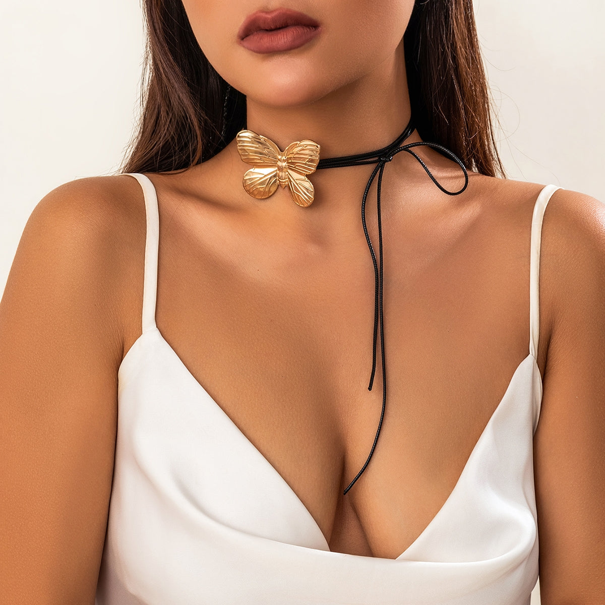 Vintage Butterfly Leather Choker Necklace with Tassel Details