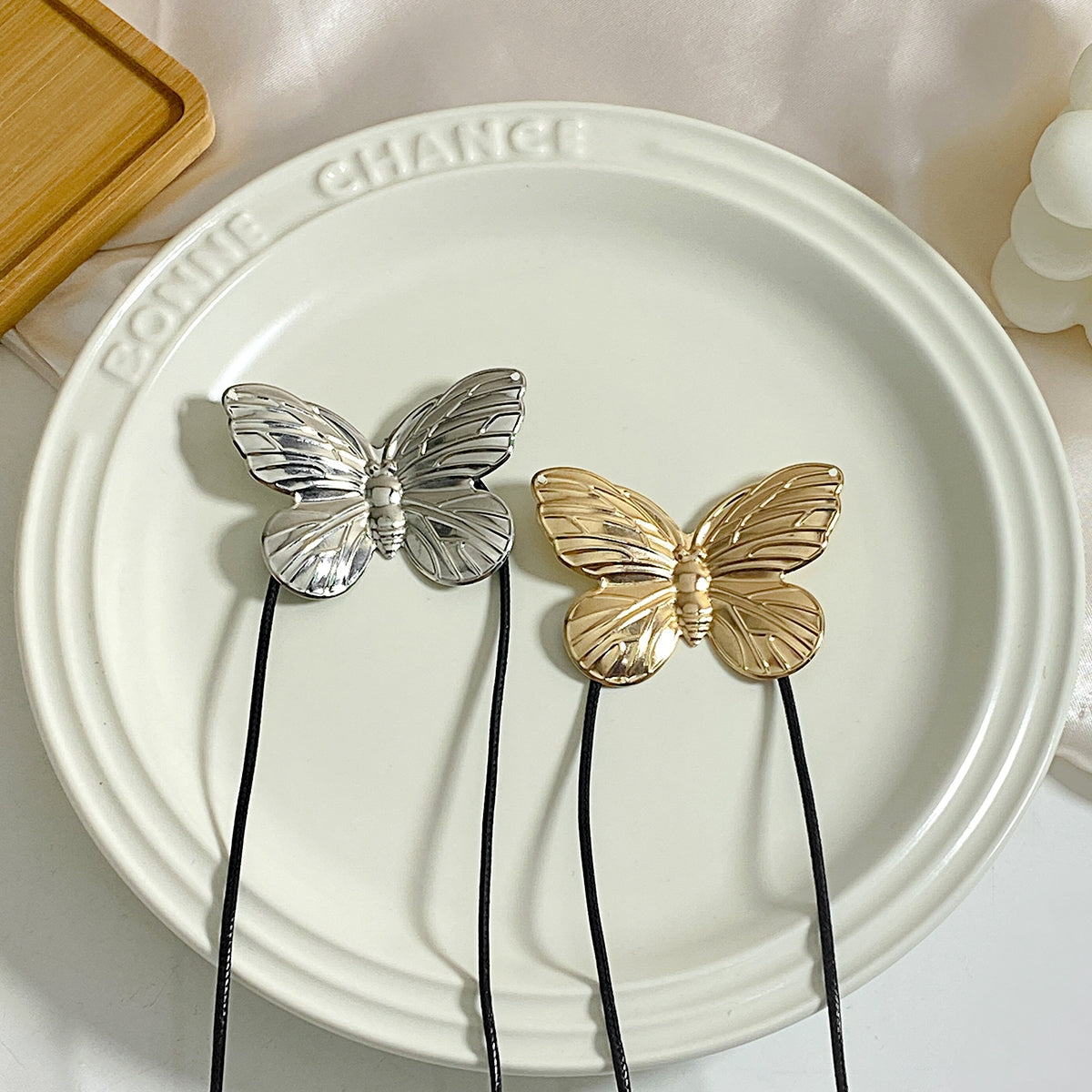 Vintage Butterfly Leather Choker Necklace with Tassel Details