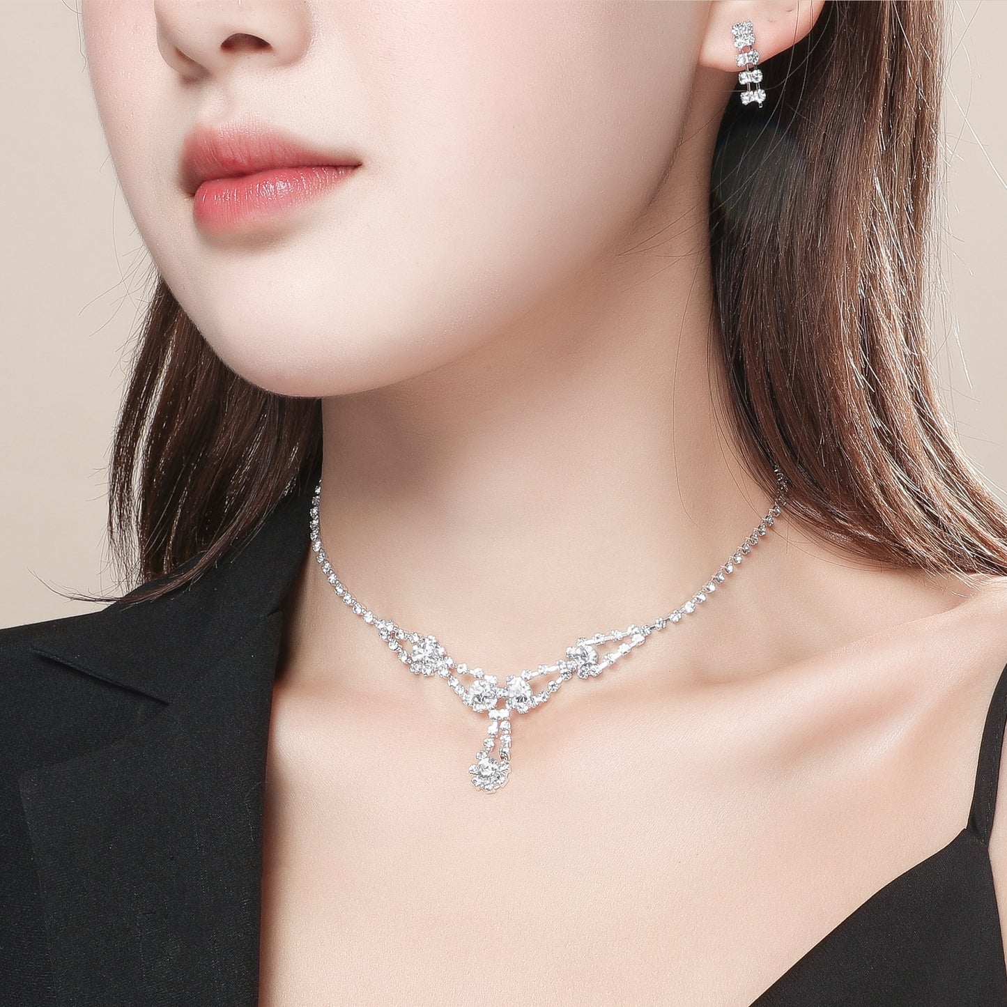 Korean Crystal Zirconia Necklace and Earring Set for Brides