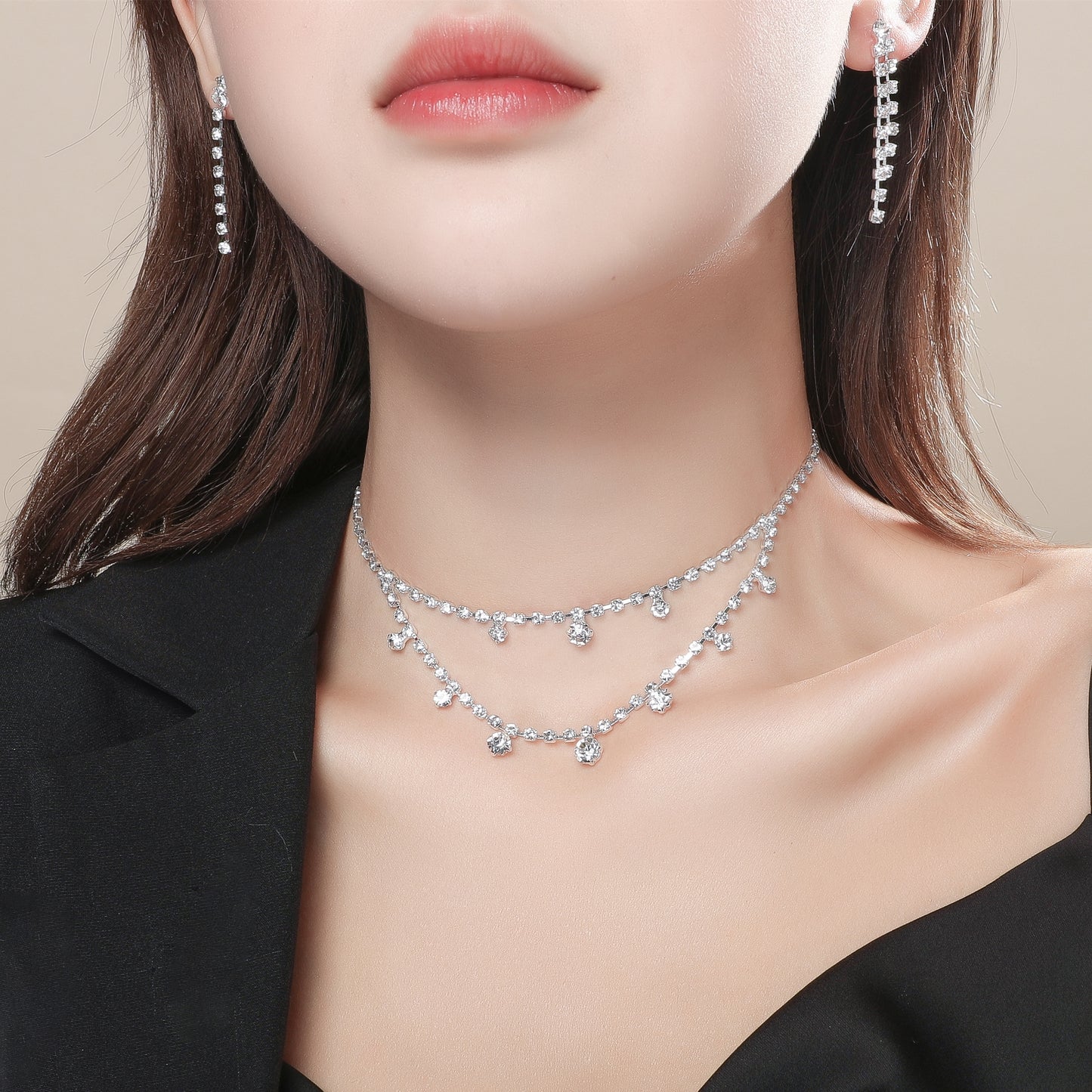 Korean Crystal Zirconia Necklace and Earring Set for Brides