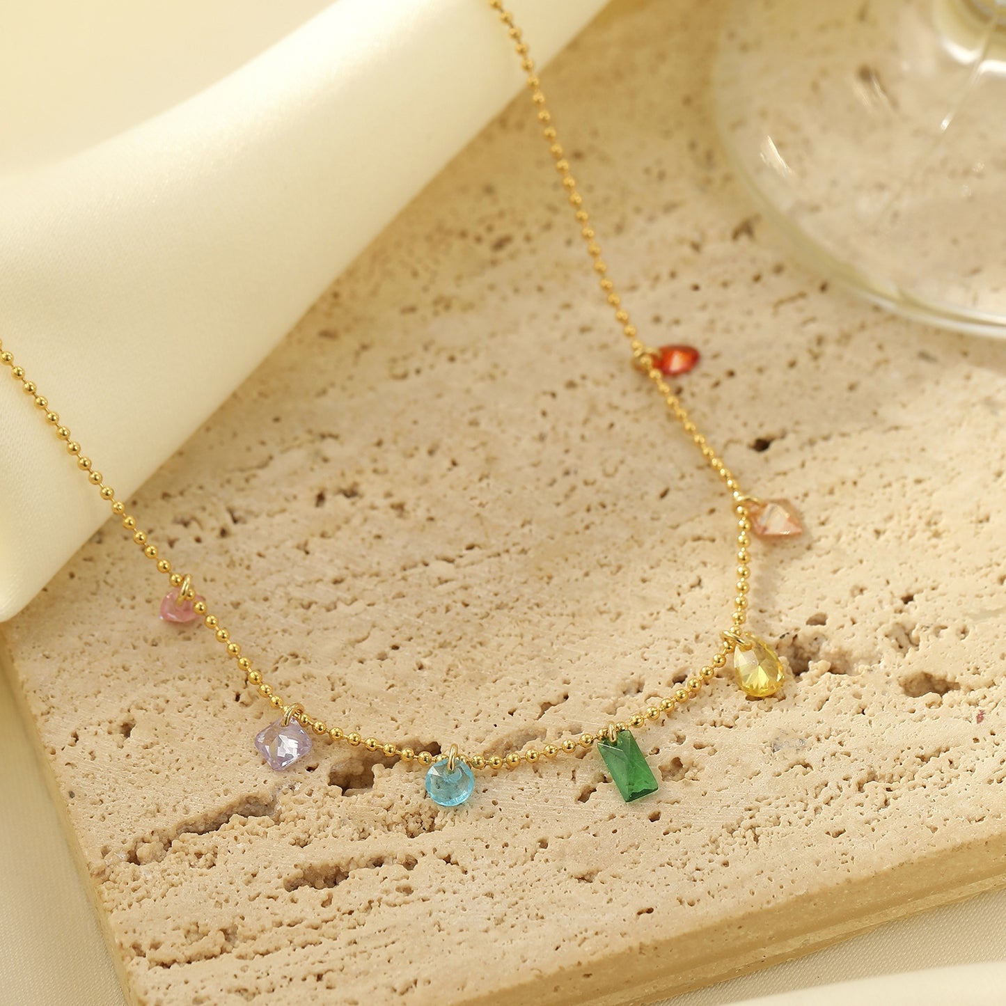 Wholesale Punk Beach Sports Polka Dots Crystal 14K Gold Plated Rainbow Pendant Necklace