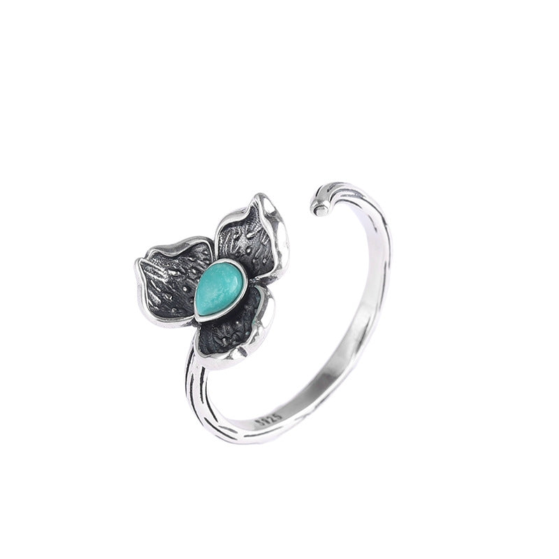 Retro Ginkgo Leaf Turquoise Sterling Silver Open Ring