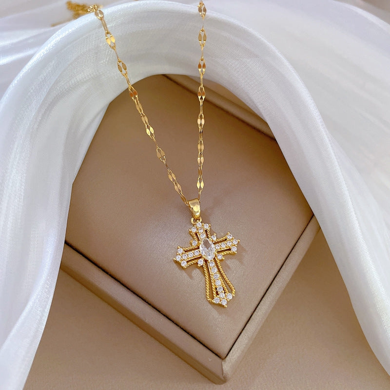 Simple Cross Titanium Steel Pendant Necklace with Inlaid Gemstones