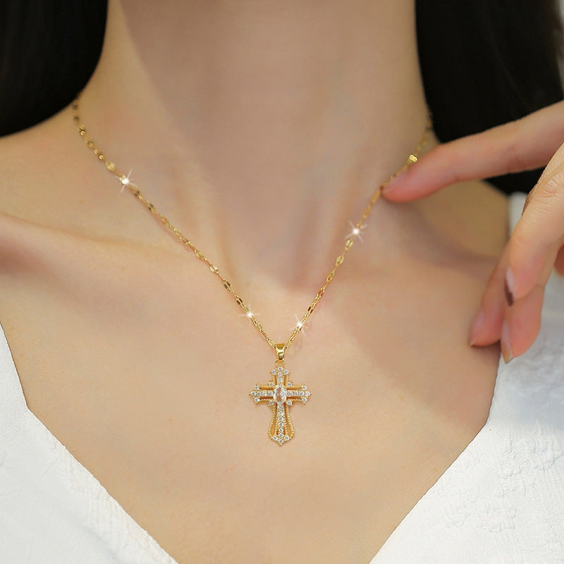 Simple Cross Titanium Steel Pendant Necklace with Inlaid Gemstones