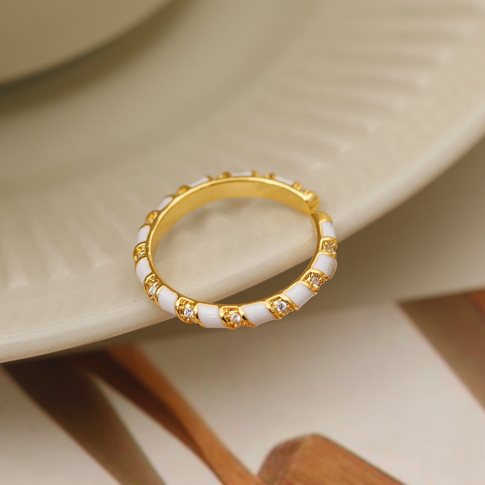 Minimalist Color Block 18K Gold Plated Open Ring with White Enamel Detailing